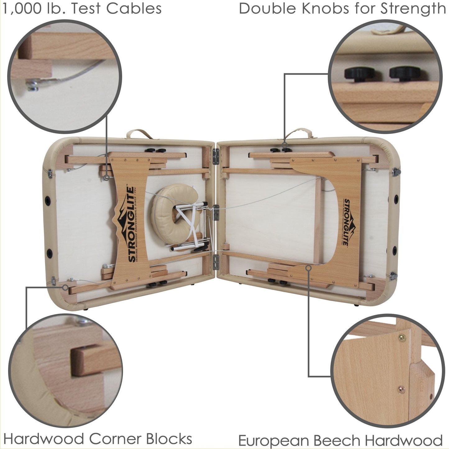 STRONGLITE Portable Massage Table Olympia - Double Knobs, Package w/ Adjustable Face Cradle, Face Pillow, Half Round Bolster, Microfiber Sheet Set & Carry Case (28x73"), Beige