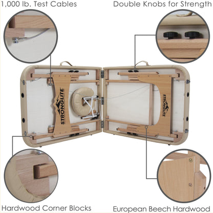 STRONGLITE Portable Massage Table Olympia - Double Knobs, Package w/ Adjustable Face Cradle, Face Pillow, Half Round Bolster, Microfiber Sheet Set & Carry Case (28x73"), Beige