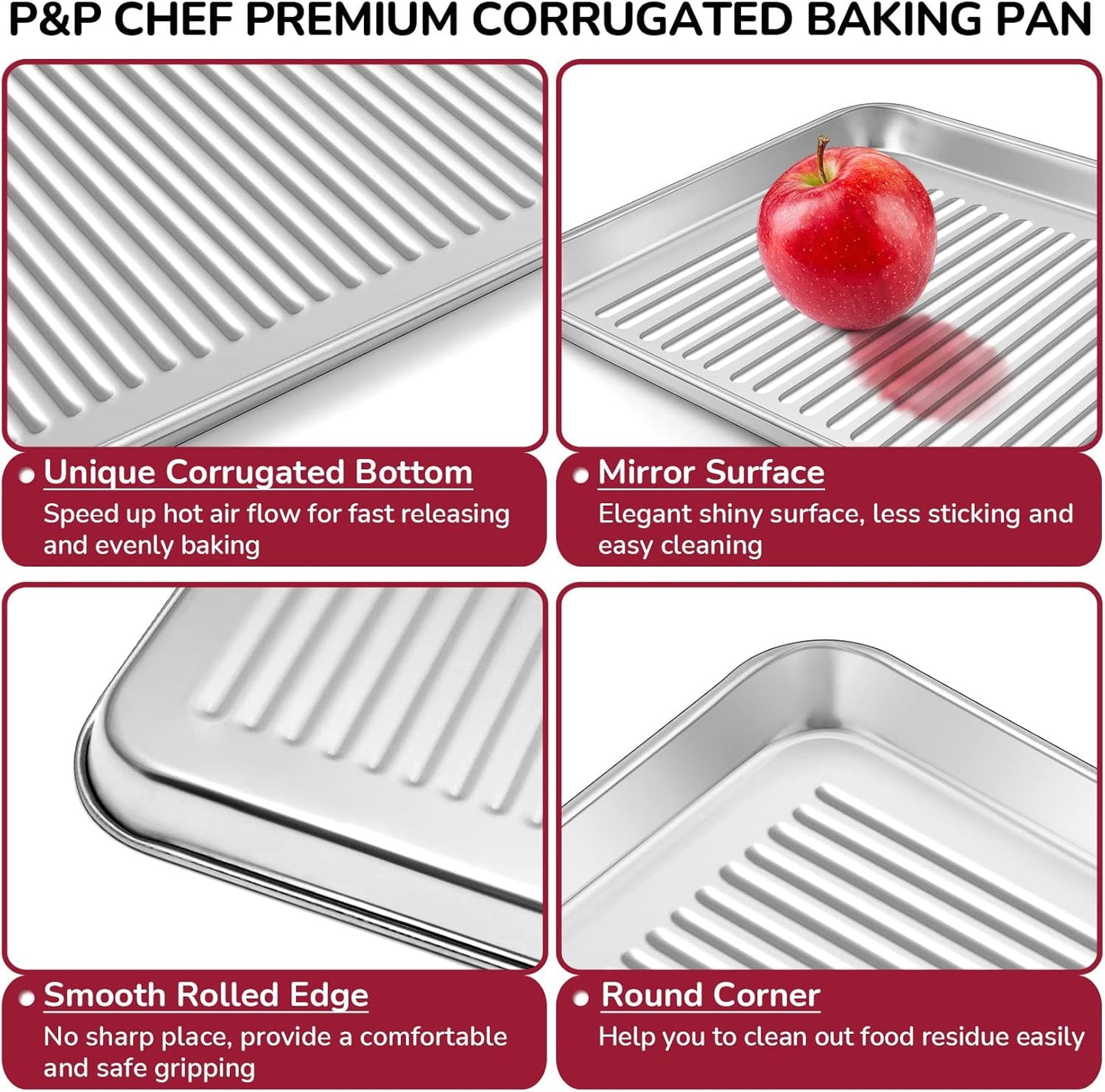 P&P CHEF Mini Toaster Oven Pan Set of 2, 9 x 7 x 1 Inch Stainless Steel Small Baking Cookie Pan for Cooking & Roasting