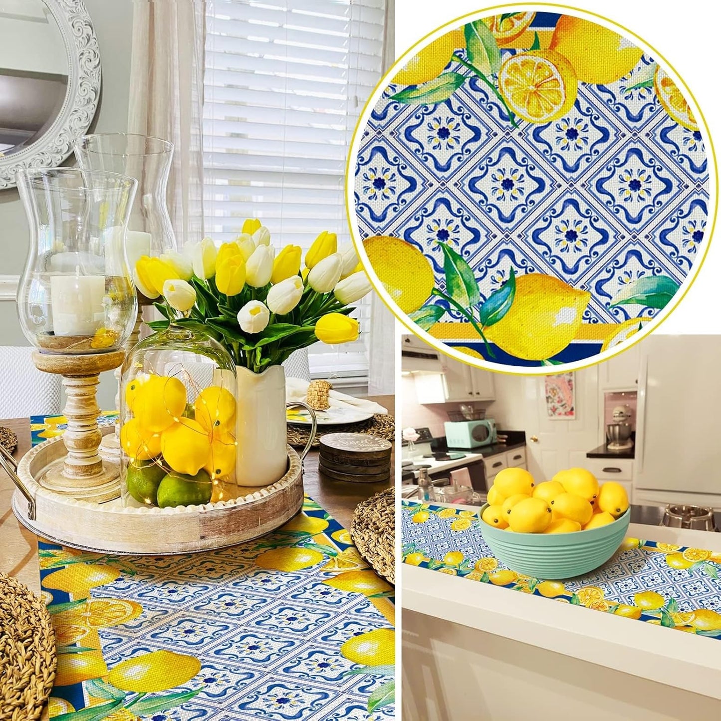 13x72 Inch Capri Blue Lemon Table Runner Italy Tile Burlap Artificial Yellow Lemon Fruit Table Runners Farmhouse Coffee