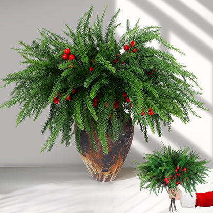 12Pcs Christmas Norfolk Pine Stems with Red Berries, Real Touch Artificial Norfolk Pine Branches for Vase,DIY Crafts