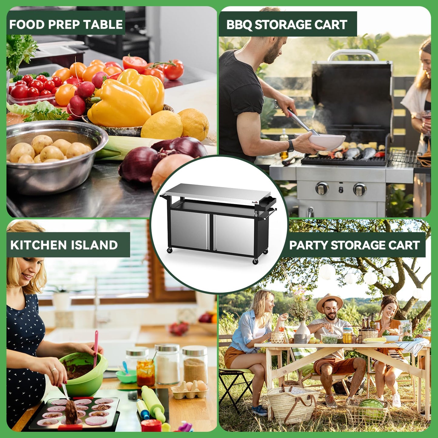 Stanbroil Rolling Outdoor Kitchen Island, BBQ Grill Cart with Stainless Steel Table Top, Double-Door Storage Cabinet & Pull-Out Shelf, Grill Table Cart for Outdoor Indoor, Large