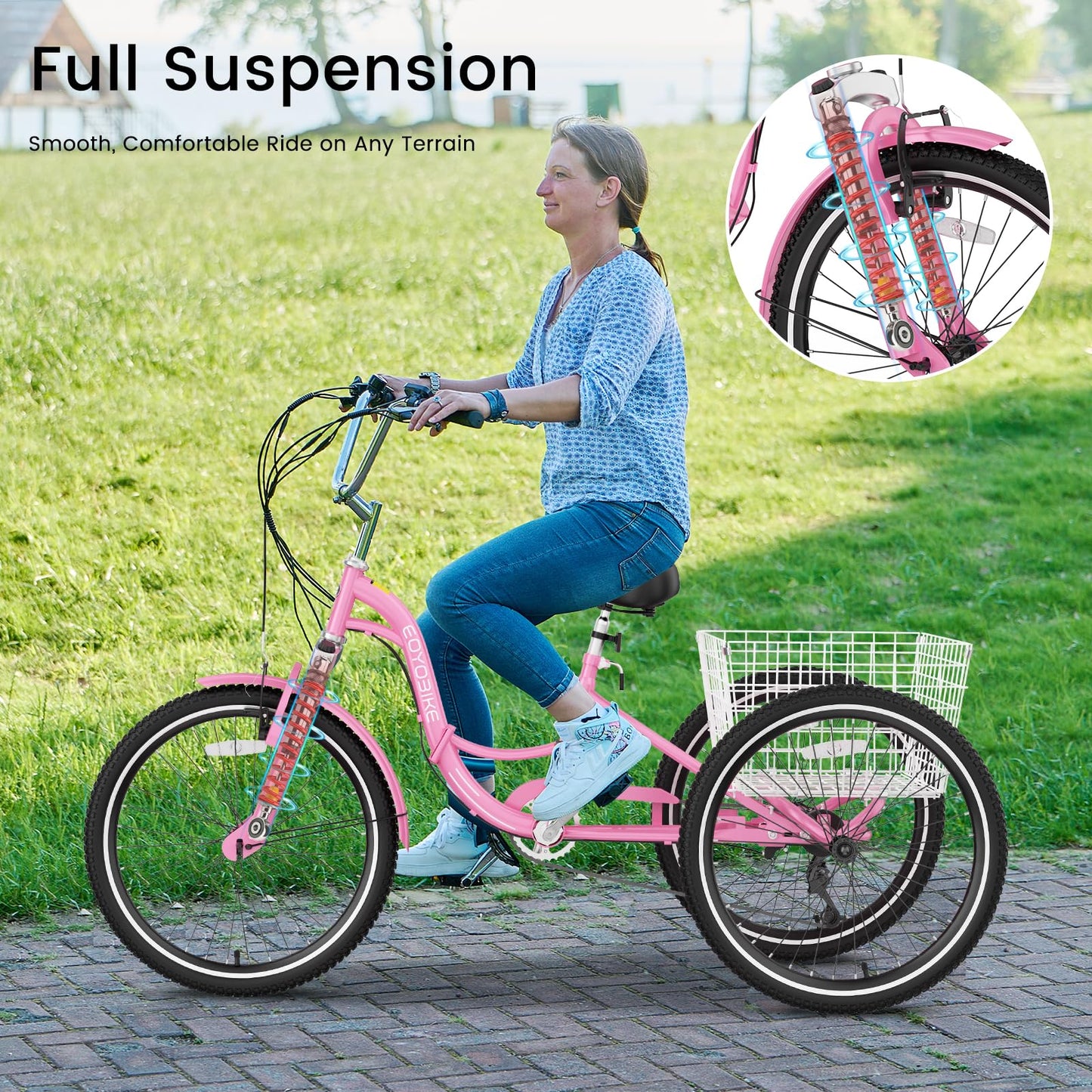 EOYOBIKE Adult Folding Tricycle, 7-Speed 3-Wheel Cruiser Bike with Low Step-Through Frame, Large Rear Basket, Adjustable Seat, 20/24/26 Inch Options