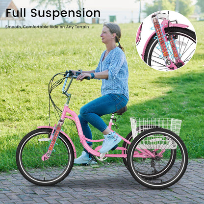 EOYOBIKE Adult Folding Tricycle, 7-Speed 3-Wheel Cruiser Bike with Low Step-Through Frame, Large Rear Basket, Adjustable Seat, 20/24/26 Inch Options