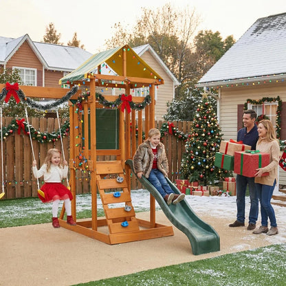 AkiiGer Cedar Wooden Backyard Playset with Swings, Wave Slide, Rock Wall Ladder, Sandbox Chalkboard & Canopy Roof, Outdoor Swing Set