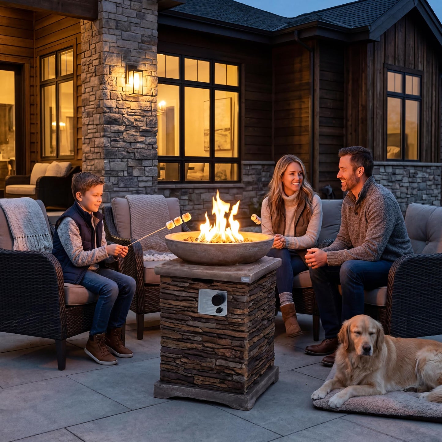 COSIEST Outdoor Propane Fire Pit Table w Faux Brown Compact Ledge Stone 20" Square Base and Faux Rose-Marble Round Bowl, Certified, 40,000 BTU, Free Lava Rocks, Fits 20lb Tank Inside, Raincover