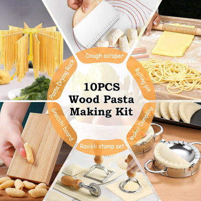 10 Pcs Gnocchi Pasta Making Tools kit, Pasta Drying Rack, Gnocchi Board, Cutter, Ravioli Stamp, Wood Threaded Pasta Roller Pin Set, Noodle and Dumplings Maker, Homemade Kitchen Gift for Pasta Lovers
