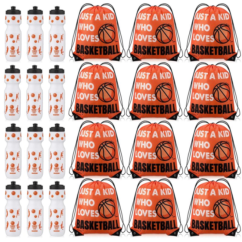 Talltalk 24 Pcs Basketball Party Favors Pack Basketball Bags and Water Bottle Set Drawstring Bags Bulk Gift Goodie Treat Bag 24oz Water Bottle Cup Team Gifts Accessories