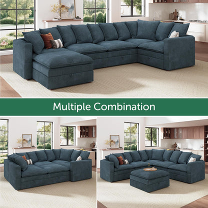 HONBAY Modular Sectional Sofa, 6 Seat U Shaped Corduroy Couch with Storage & Pillows, Convertible Sectional Couches for Living Room, Blue