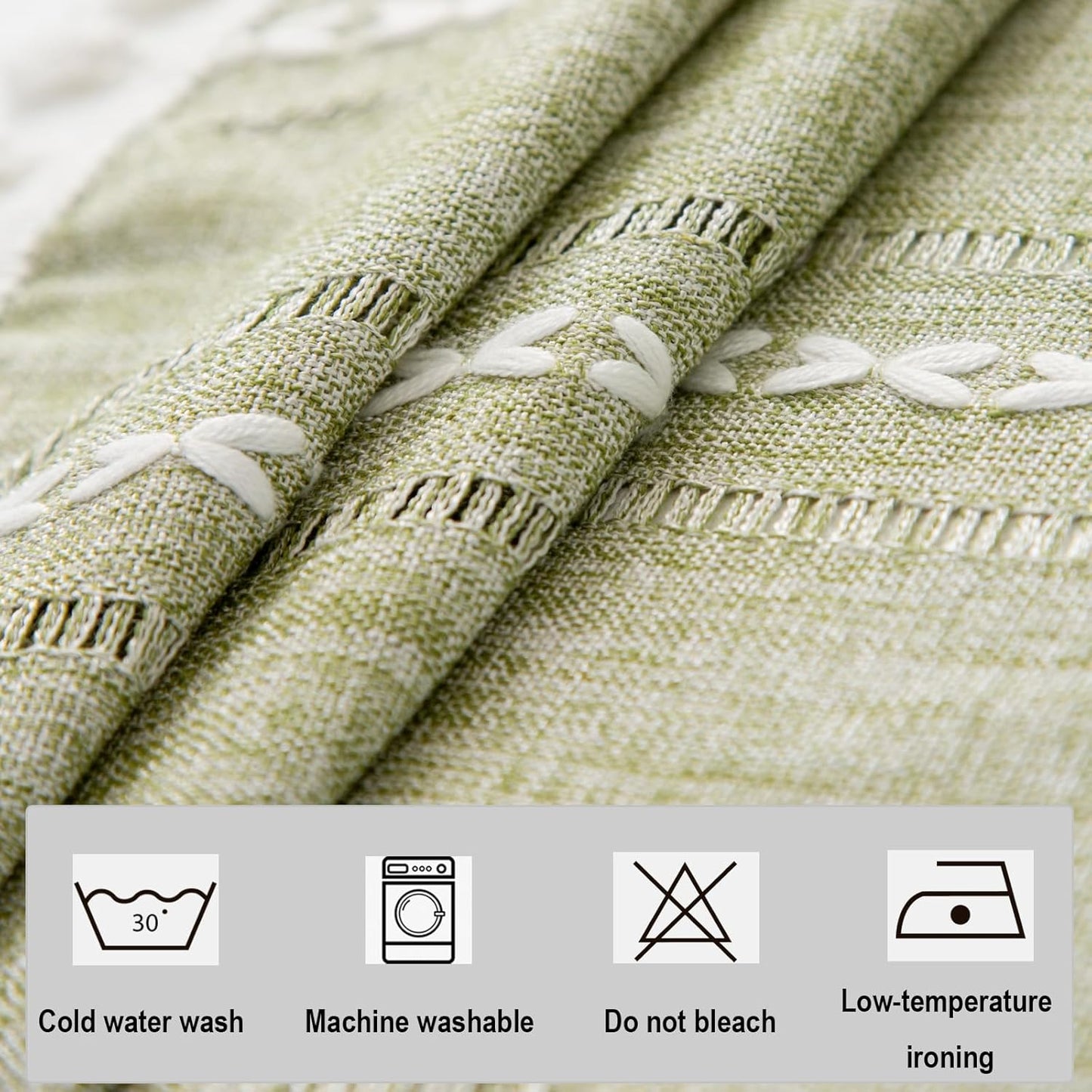 24 Inch Rustic Linen Bedside Round Small Tablecloth Striped Embroidered Washable Sage Green Table Cover Farmhouse