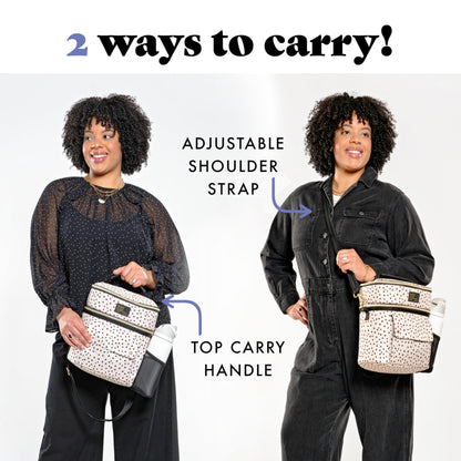 Fit & Fresh Westminster Dual-Compartment Insulated Lunch Bag for Women, Complete Lunch Set with 2 Containers, Double Deck Insulated Cooler Bag with Adjustable Strap, Black & White Polka Dots