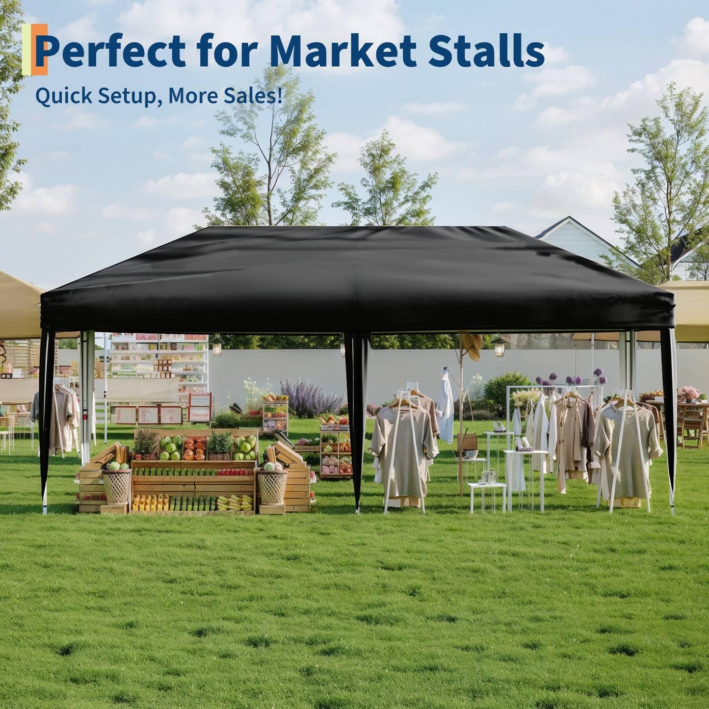 GarveeLife 10x20 Pop Up Canopy with 4 Sidewalls - Heavy Duty Outdoor Canopy Tent with Portable Roller Bag - 3 Adjustable Height, 4 Weight Bags, 8 Stakes & 6 Guy Ropes Included, Black