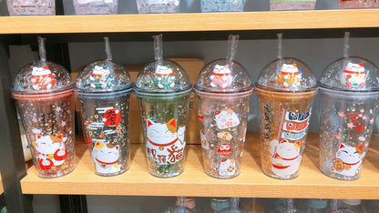 Lucky Cat Travel Mug with Straw, Blue Drinking Cup with Strap for Picnic Party Birthday (Lucky Cat Green, 430 ml)