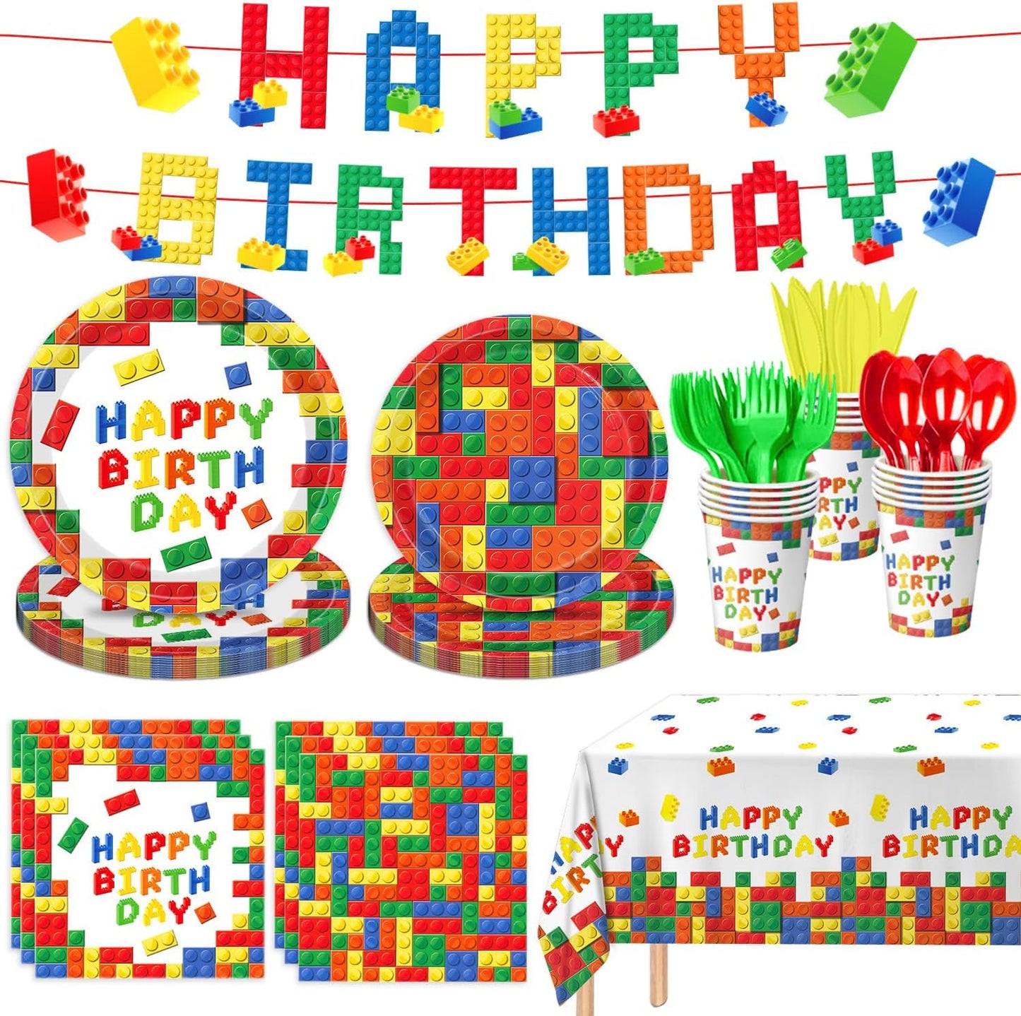 177 25 LINHAXM Pcs Building Block Birthday Party Supplies, Colorful Plates, Napkins, Cups, Tablecloth, Banner for Boys