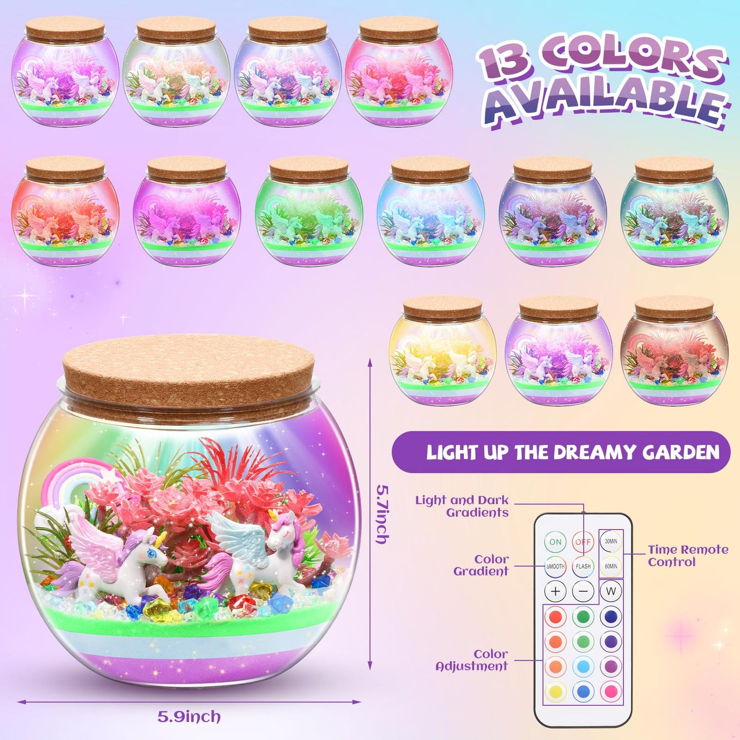 Kaivee 2 Theme in 1 Jar Light Up Unicorn Terrarium Kit & Night Light Fairy Terrarium Kit Creativity DIY Aarts Crafts for Girls Toys Ages 4 5 6 7 8 Year Old Girl Birthday Gifts