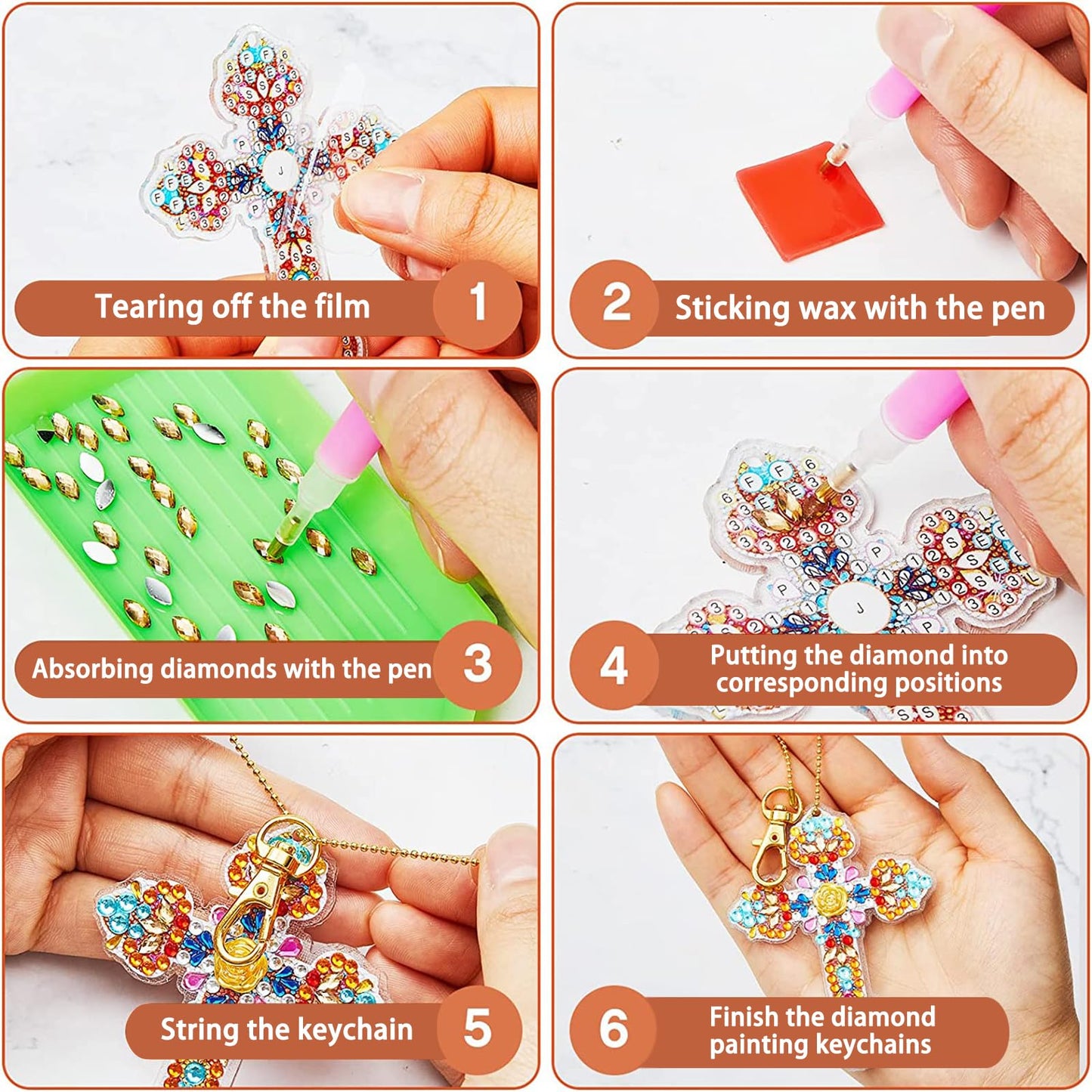 YUE ZHE 16PCS Cross Diamond Art Kits for Adults Double Sided Easter Diamond Art Keychains Cross Shaped DIY 5D Easter Diamond Painting Keychains Kits for Adults Beginners DIY Crafts