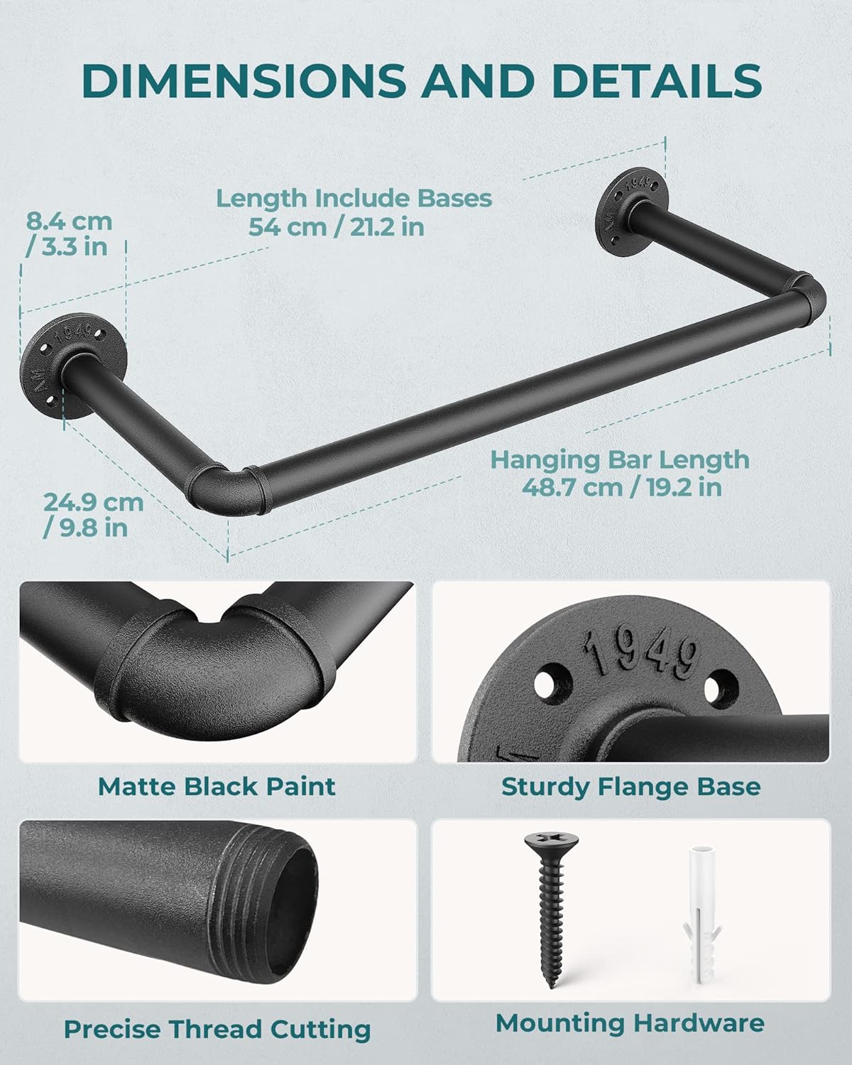 OROPY Industrial Pipe Clothes Rack, Set of 2 Heavy Duty Wall Mounted Black Iron Garment Bar