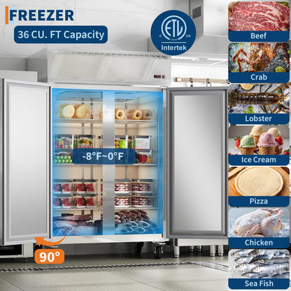 48 Inch Wide Commercial Freezer Upright, 36 Cu.Ft Frost Free Upright Freezers Stand Up, 2 Door 2 Section Walk-In Freezer with 6 Adjustable Shelves, for Supermarket, Restaurant, Kitchen, Shop, Garage