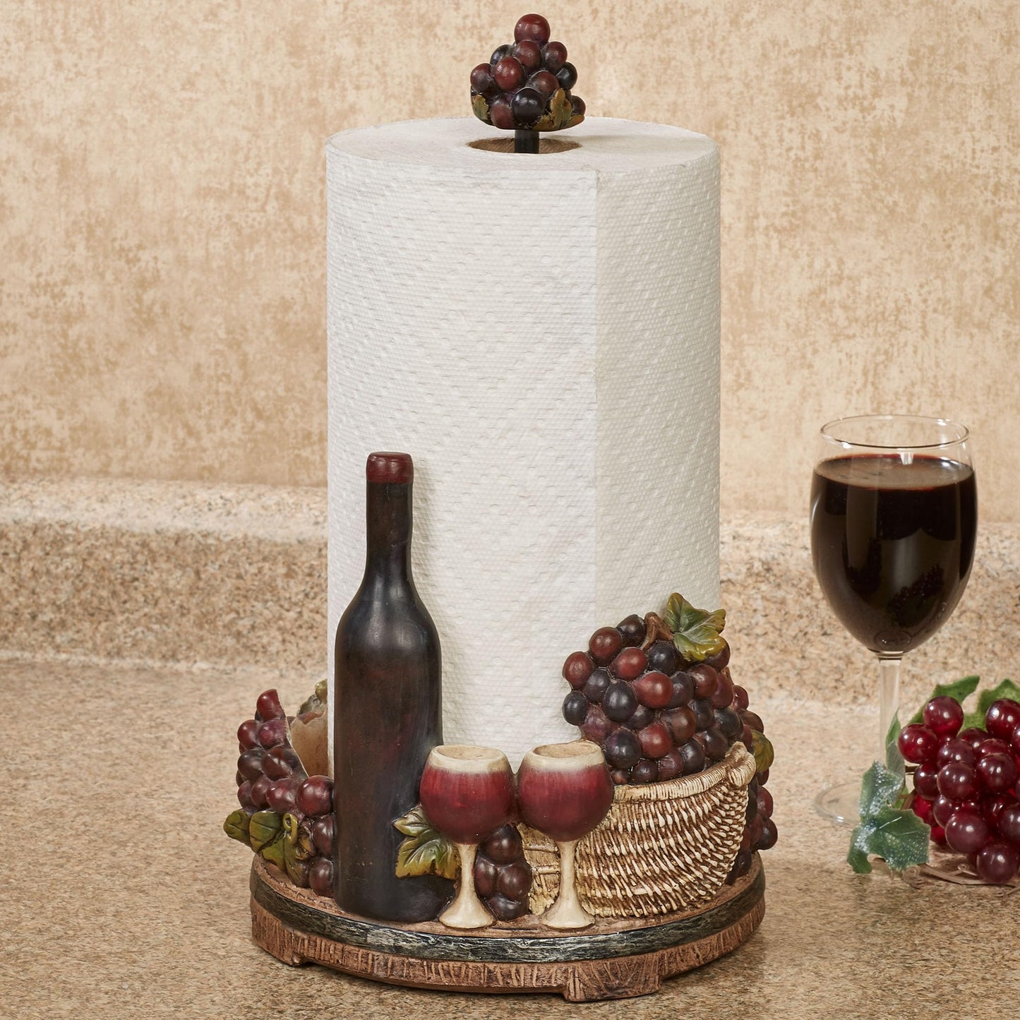 Touch of Class Wine Picnic Paper Towel Holder - Resin - Purple, Green, Brown - Tuscan Style Decor - Grape Design - Themed Paper Towels Holders for Kitchen - Painted by Hand