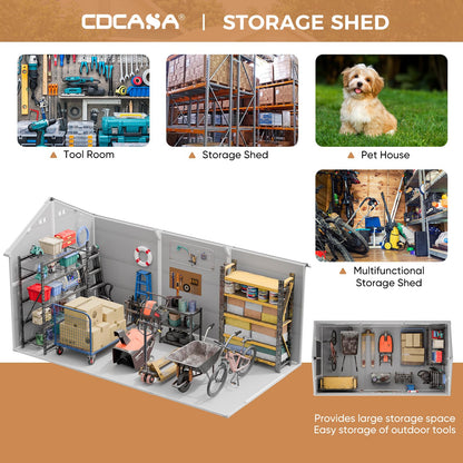 CDCASA 8x14 FT Resin Storage Shed with Floor Included, Steel‑Reinforced Large Waterproof Outside Plastic Storage Sheds with Base, 2 Adjustable Openable Window for Garden Backyard Patio Lawn, Dove Grey