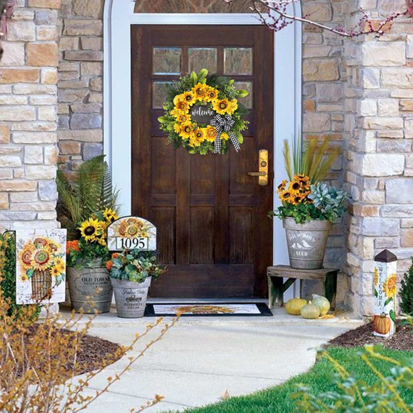 sunflower wreath with welcome,spring summer wreath for front door, unique housewarming gift,mother'day gift,farmhouse porch decor,sunflower wall decor,wedding favors,year round wreaths-20inch