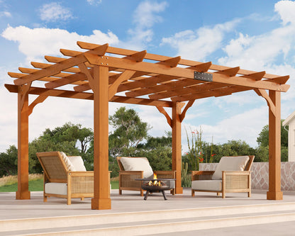 Jocisland 10x12 FT Premium Cedar Wood Pergola with Trellis Roof & Weather-Resistant Support, Outdoor Pergola Kit with Stakes, Garden Gazebo for Patio, Backyard & Events, Reddish-Brown