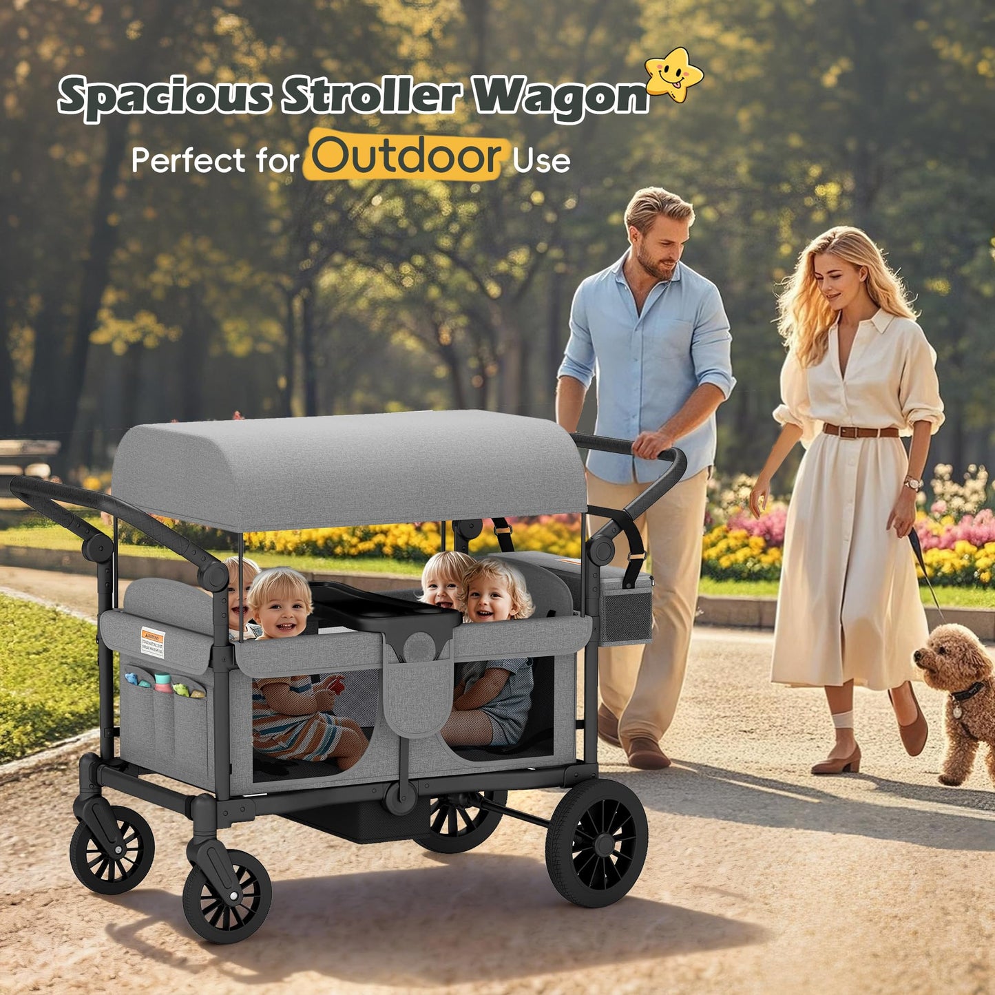 TOLEAD Wagon Stroller for 4 Kids, Foldable 4 Seats Outdoor Stroller Wagon with Canopy, Adjustable Handlebars, 5-Point Safety Harness, Detachable Tray, Portable Bag (Grey)