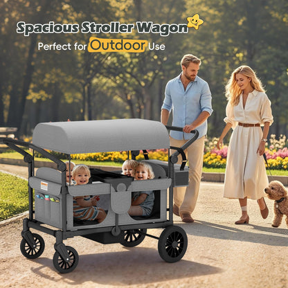 TOLEAD Wagon Stroller for 4 Kids, Foldable 4 Seats Outdoor Stroller Wagon with Canopy, Adjustable Handlebars, 5-Point Safety Harness, Detachable Tray, Portable Bag (Grey)