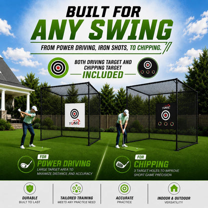 YUNIC Golf Driving Cage with Steel Frame, Golf Nets for Backyard Driving for Full Swing and Chipping Practice Indoor Outdoor (Black, 10'(W) x10'(H) x10'(D))