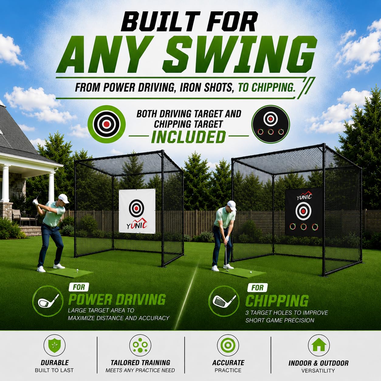 YUNIC Golf Driving Cage with Steel Frame, Golf Nets for Backyard Driving for Full Swing and Chipping Practice Indoor Outdoor (Black, 10'(W) x8'(H) x8'(D))