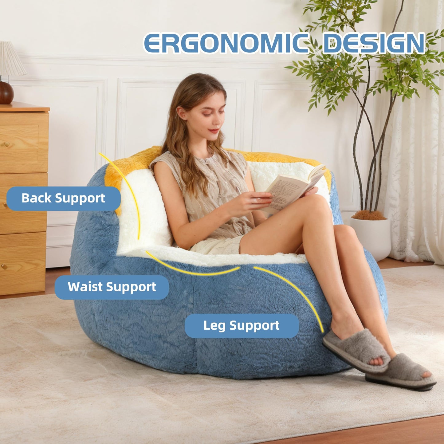 Oversized Bean Bag Chairs,Multicolor Faux Fur Couch Filled with Shredded Sponge,Large Lounger Sofa for Living Room,No Assembly Required, Blue+White+Yellow