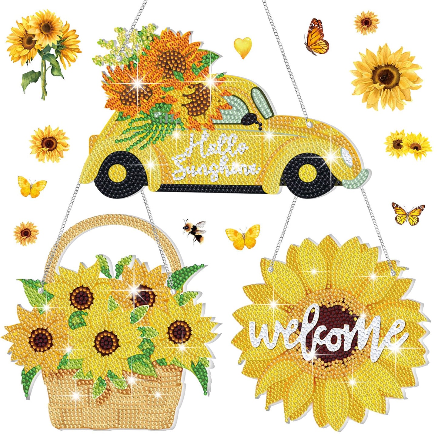 Menkxi 3 Pcs Sunflower Theme Diamond Hanging Kit for Adult DIY Sunflower Painting Diamond Art Flower Crystal Rhinestone Welcome Spring Door Sign Window Wall Hanging Kit Ornament Home Window Decor Gift