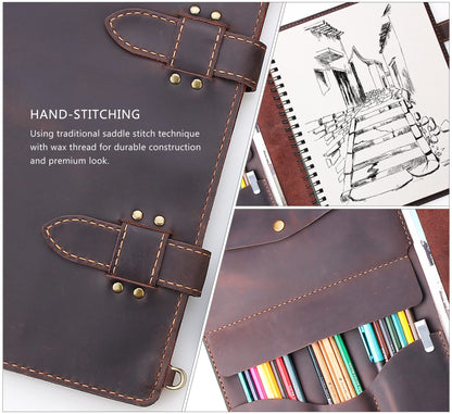 Robrasim Handmade Leather Sketchbook Cover, Artist Sketch Pad Holder for 9"X12" Sketchbook, Drawing Book and Pencil Case, Journal Notebook Portfolio with Shoulder Strap, Artist Gifts, Coffee