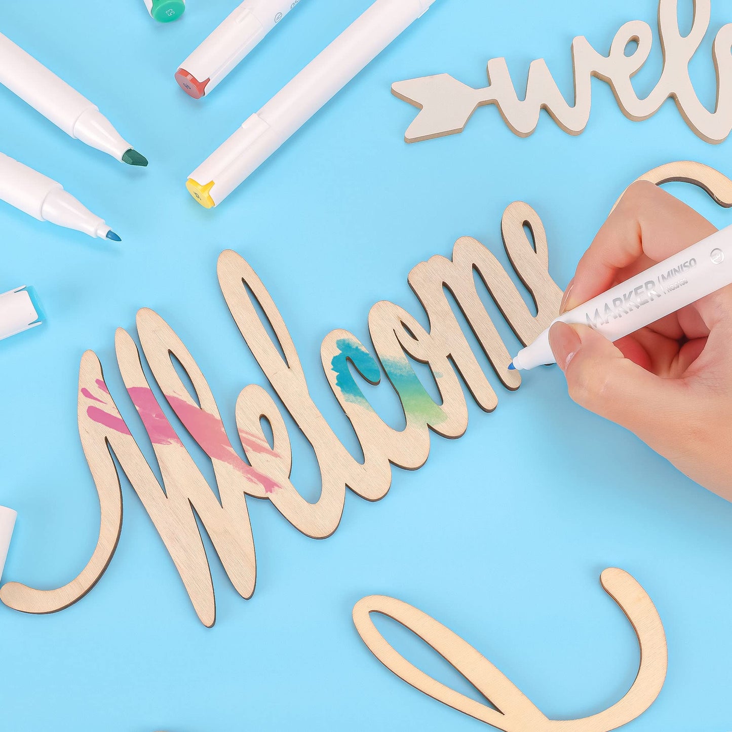Joyavo Welcome Hello Unfinished Wooden Letters Wood Cutout Signs for Wreath Blank Decorative Word Signs for Crafts/Painting/Wall Decor/Letter Board/DIY (5PCS)