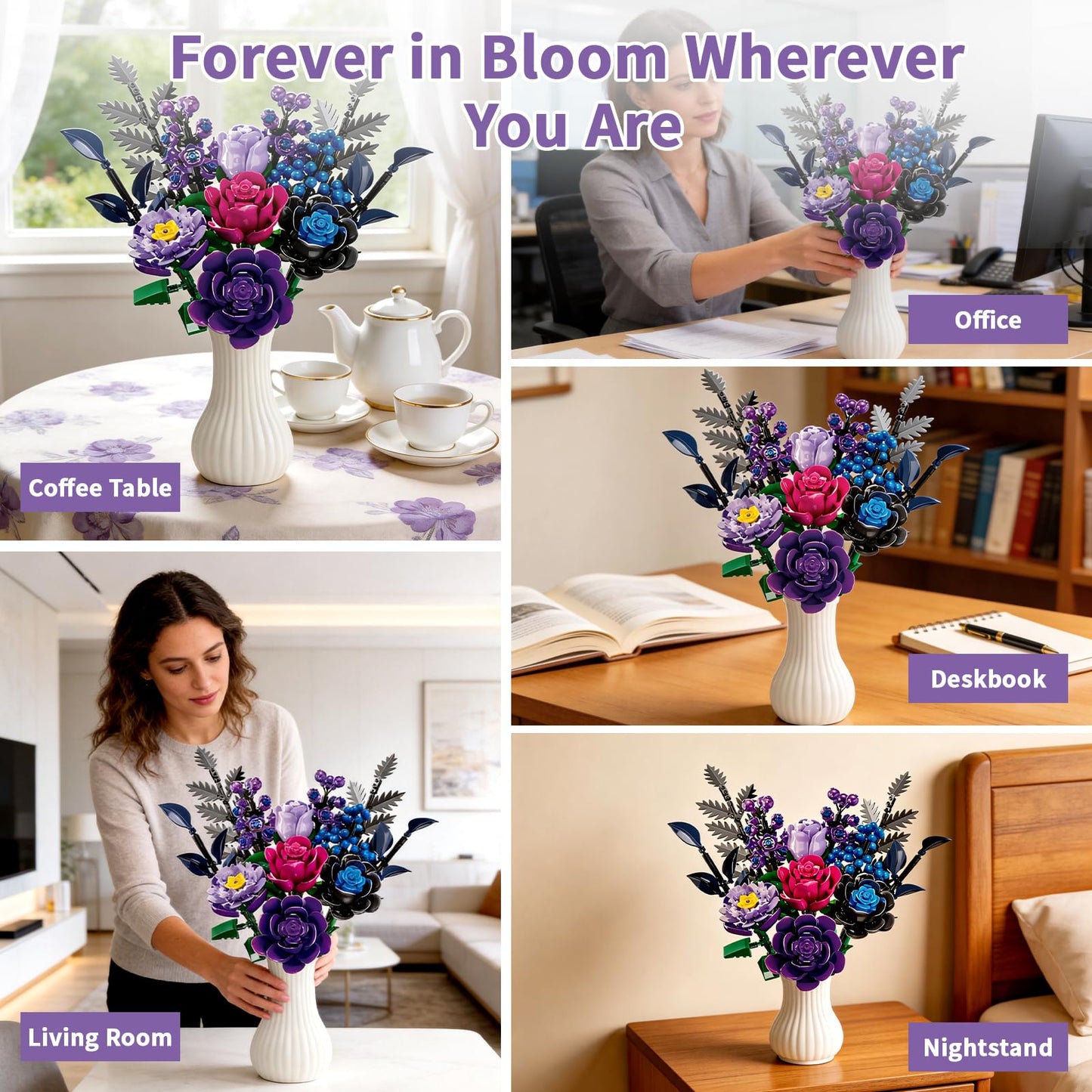 YOIUSFR 759 Pcs Purple Rose Flower Bouquet Building Set, Botanical Collection Kit Artificial Fake Flowers Blocks, Home Table Decor Aesthetic for Gifts for Birthday, DIY Craft
