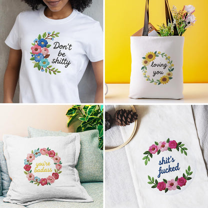 INFUNLY 6 Pack Wreath Embroidery Starter Kit for Beginners Inspirational Word DIY Embroidery Kits for Adult Loving You Stamped Needlepoint Set with Step-by-Step Instructions Threads Craft Lover Gift