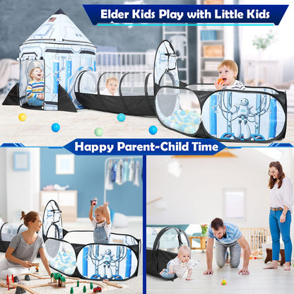 Senodeer Rocket Ship Kids Play Tent: 3Pcs Toddlers Pop Up Ball Pit and Play Tunnel for Indoor Outdoor, Spaceship Baby Playhouse Toys for 1-3 Year Old Boys Girls (3 in 1 Kids Tent)