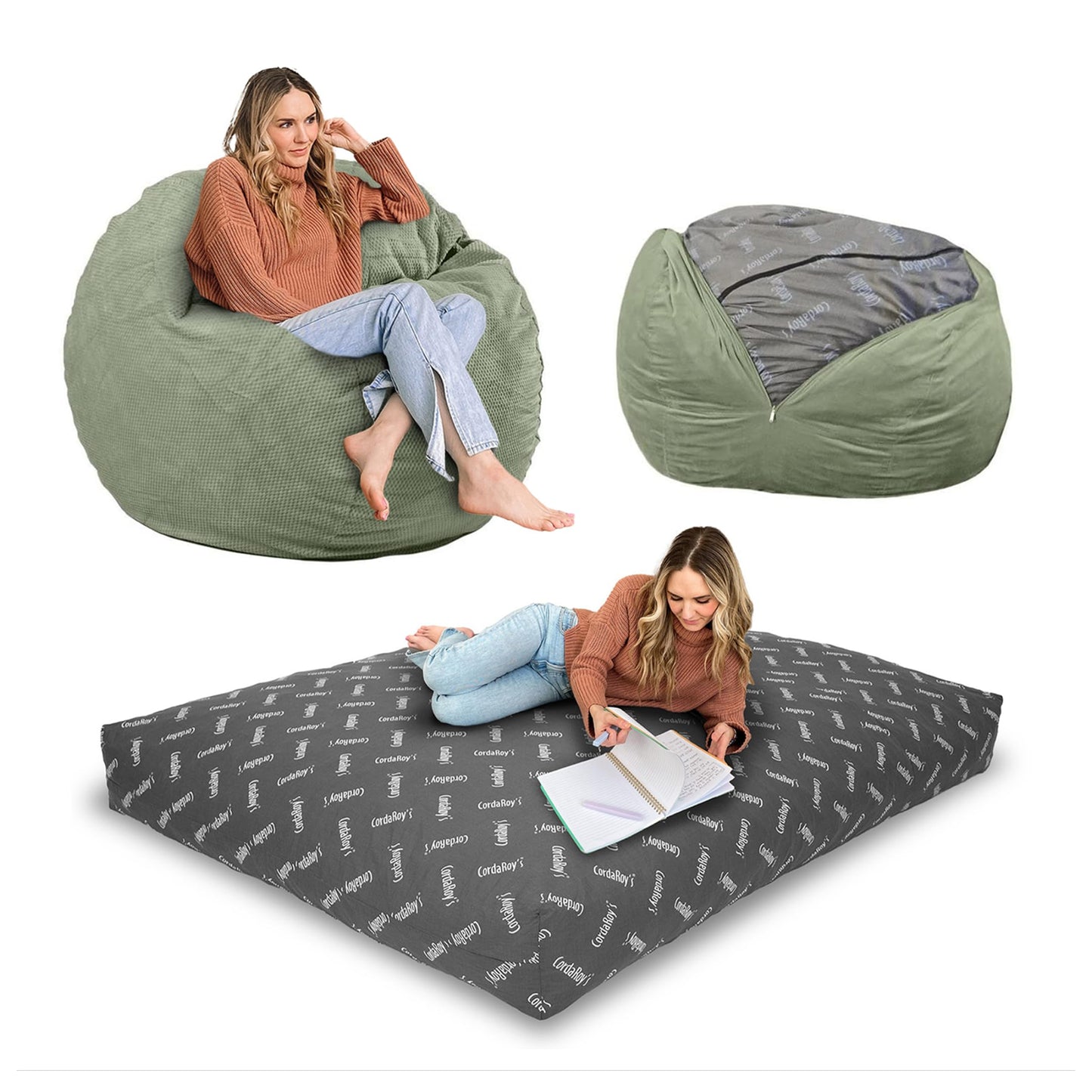 CordaRoy's Chenille Bean Bag Chair, Convertible Chair Folds from Bean Bag to Lounger, As Seen on Shark Tank, Moss - Full Size