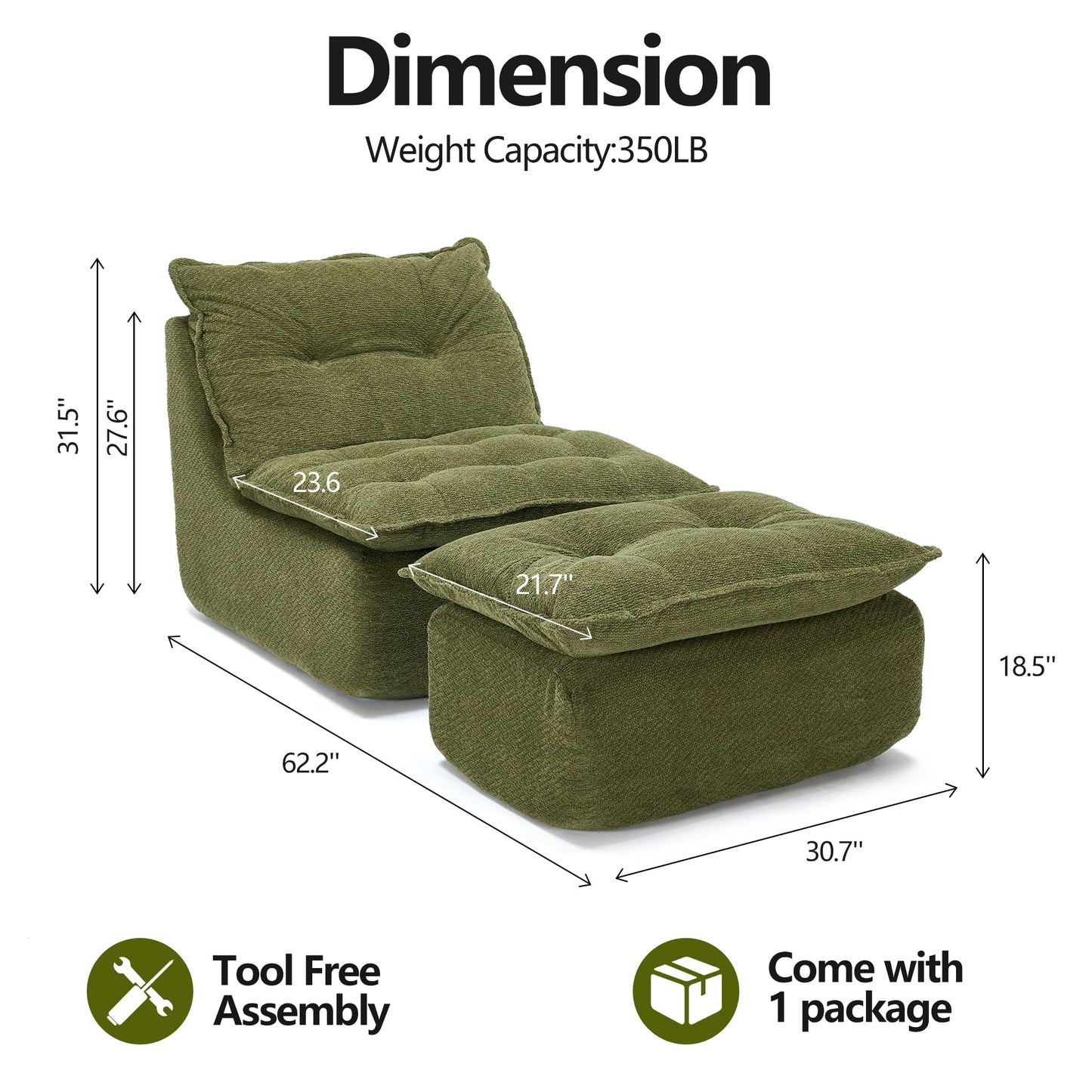 ENYLAY Single Chaise Lounge Chair, 62.2" Lazy Sofa Bean Bag Chair with Ottoman – Modern Boneless Floor Lounger for Bedroom or Living Room, Cozy Cloud Sleeper (Green)