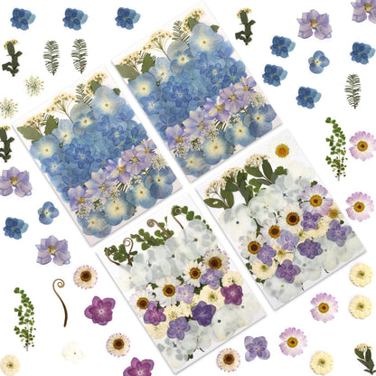 LUXEEASE 140 Pcs Dried Pressed Hydrangea Flowers for Crafts, Real Natural Blooms in Blue, Pink & White Tones with Foliage Accents, Perfect for Resin Art, DIY Jewelry & Home Decor – Tweezers Included
