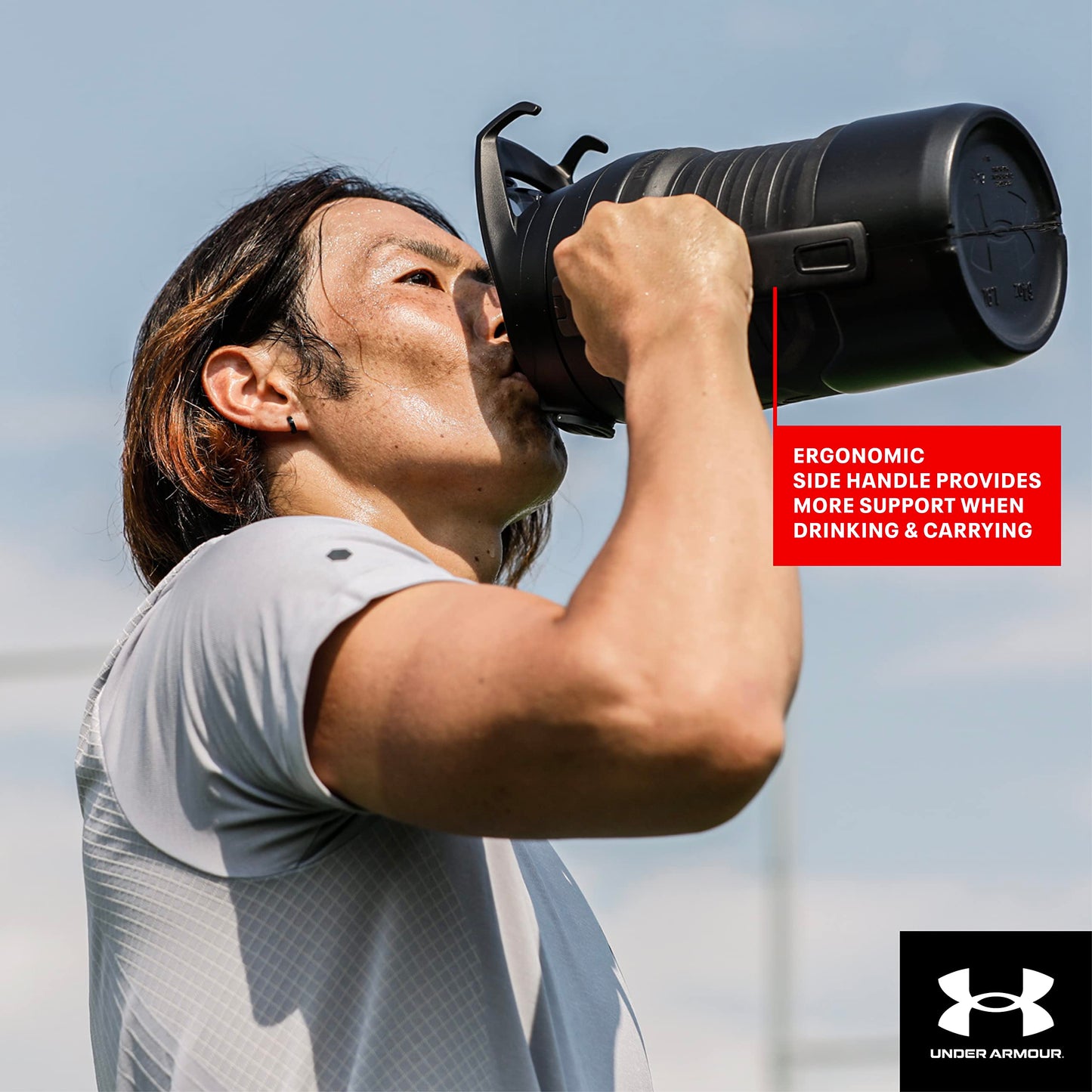Under Armour Half Gallon Water Bottle Insulated, 64oz Insulated Water Bottle with Handle, Fence Hook, Leak Resistant, for Baseball, Football & More - Black/Black