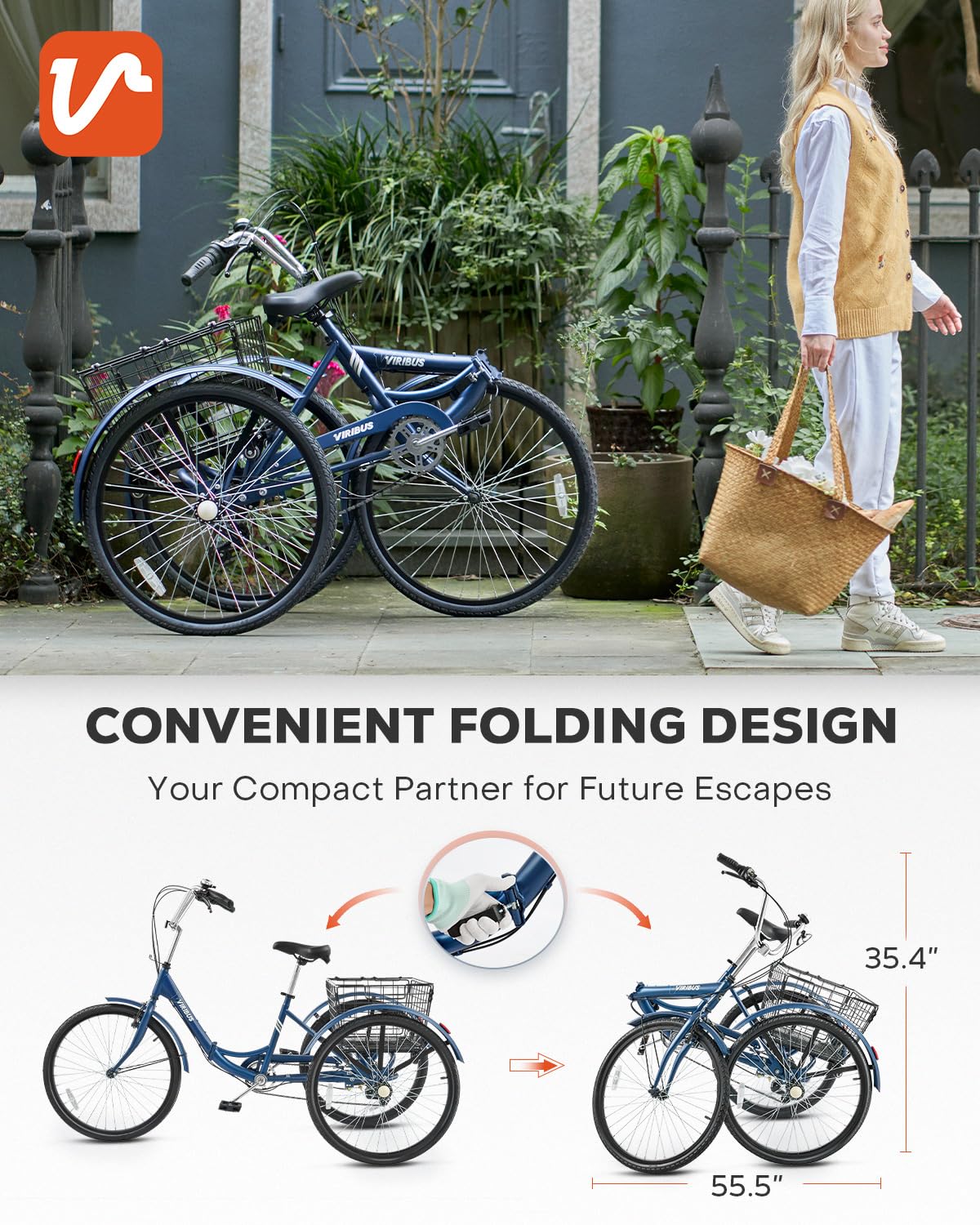 VIRIBUS Foldable Adult Tricycle, 7 Speed Folding Tricycle for Adults with Removable Wheeled Basket, Folding 3 Wheel Bikes for Adults Men Male Seniors 24 inch, Collapsible Trike 330 LB. Blue