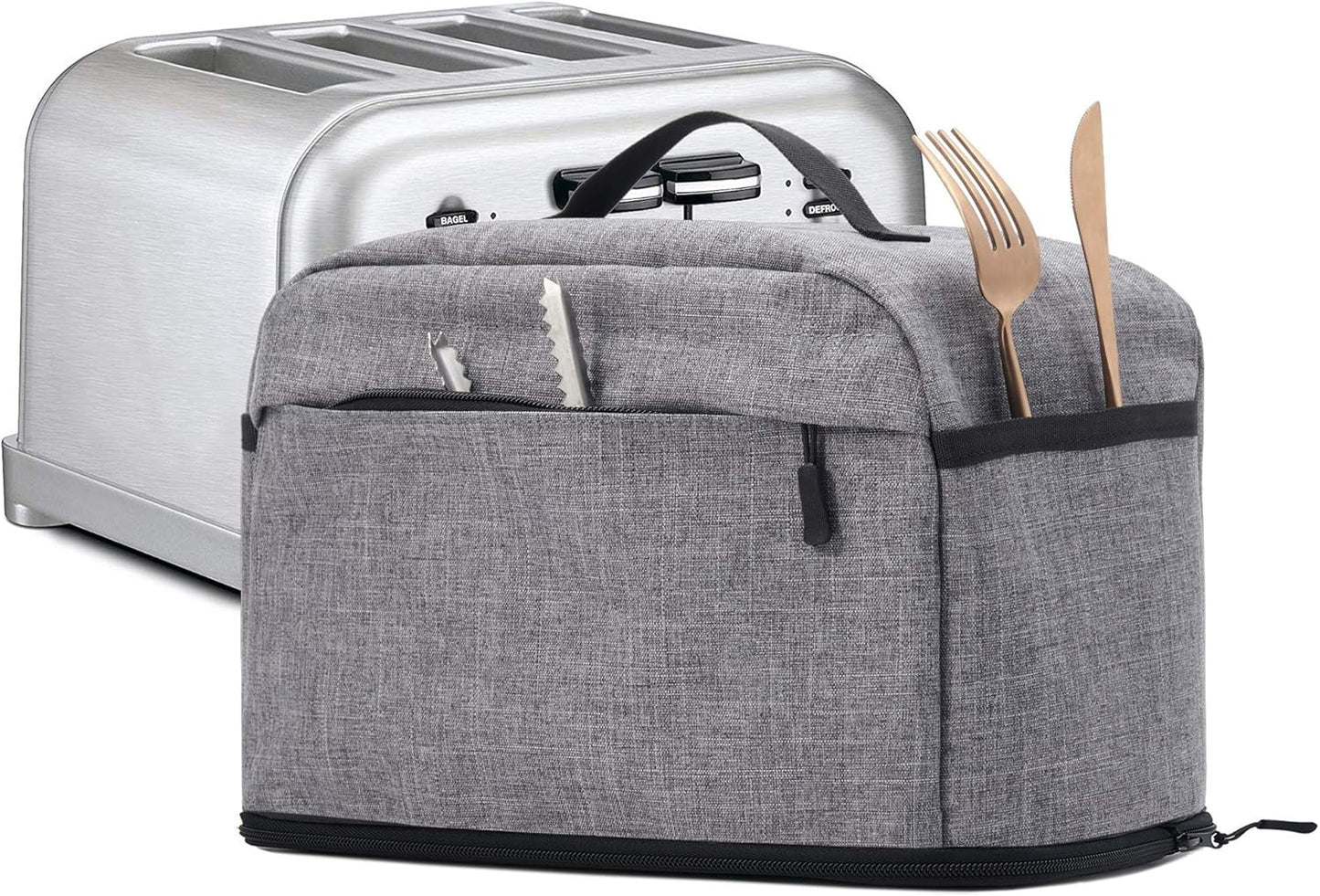 VOSDANS 4 Slice Toaster Cover, Gray, 2-in-1 Toaster Bag with Pockets, Machine Washable, Patent Design