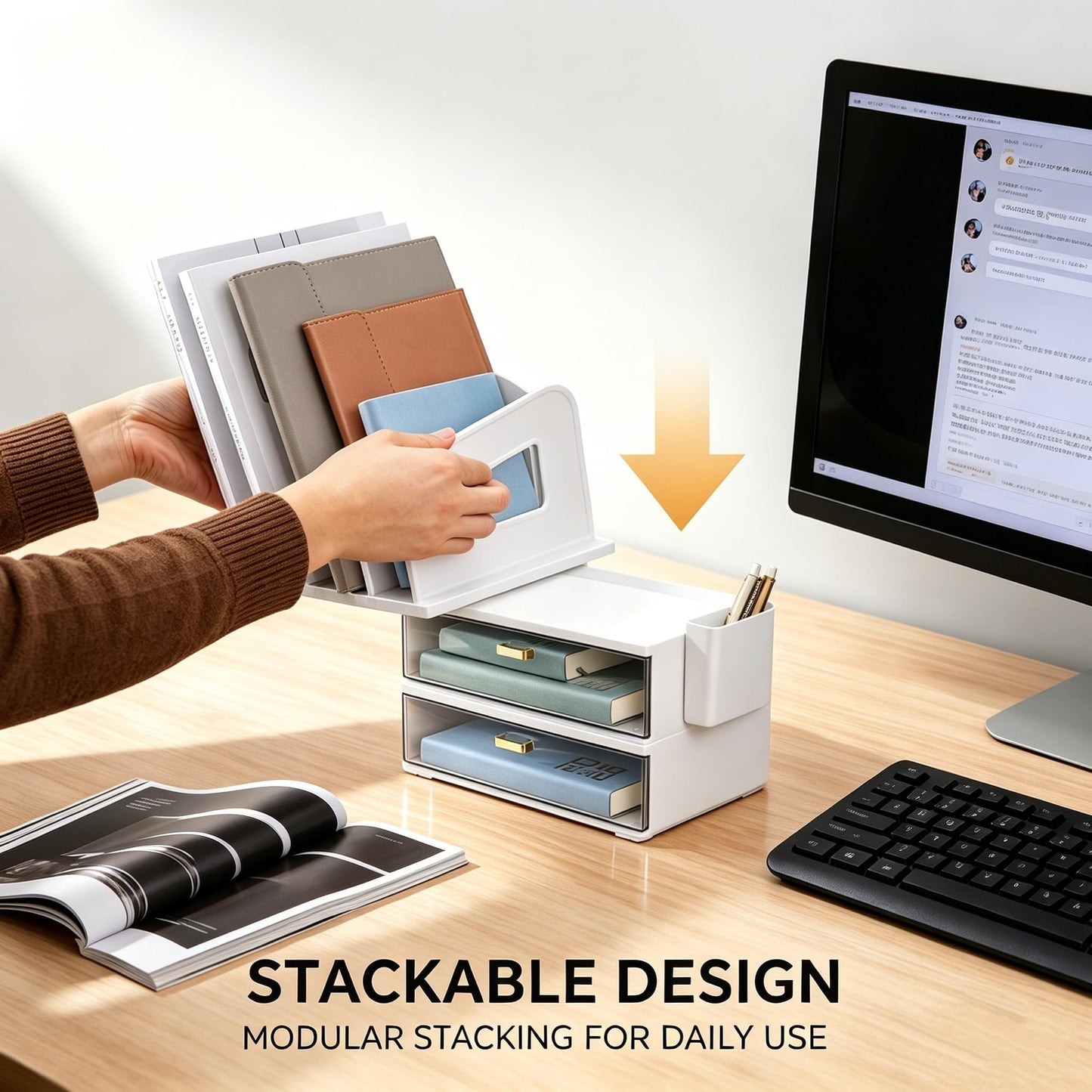 CiWiVOKi White Desk Organizer with 4 File Holder Slots, 2 Clear Drawers & Dual Pen Holders, Sturdy Multi-Functional Desktop Storage for Home Office, Mail Sorter & Caddy