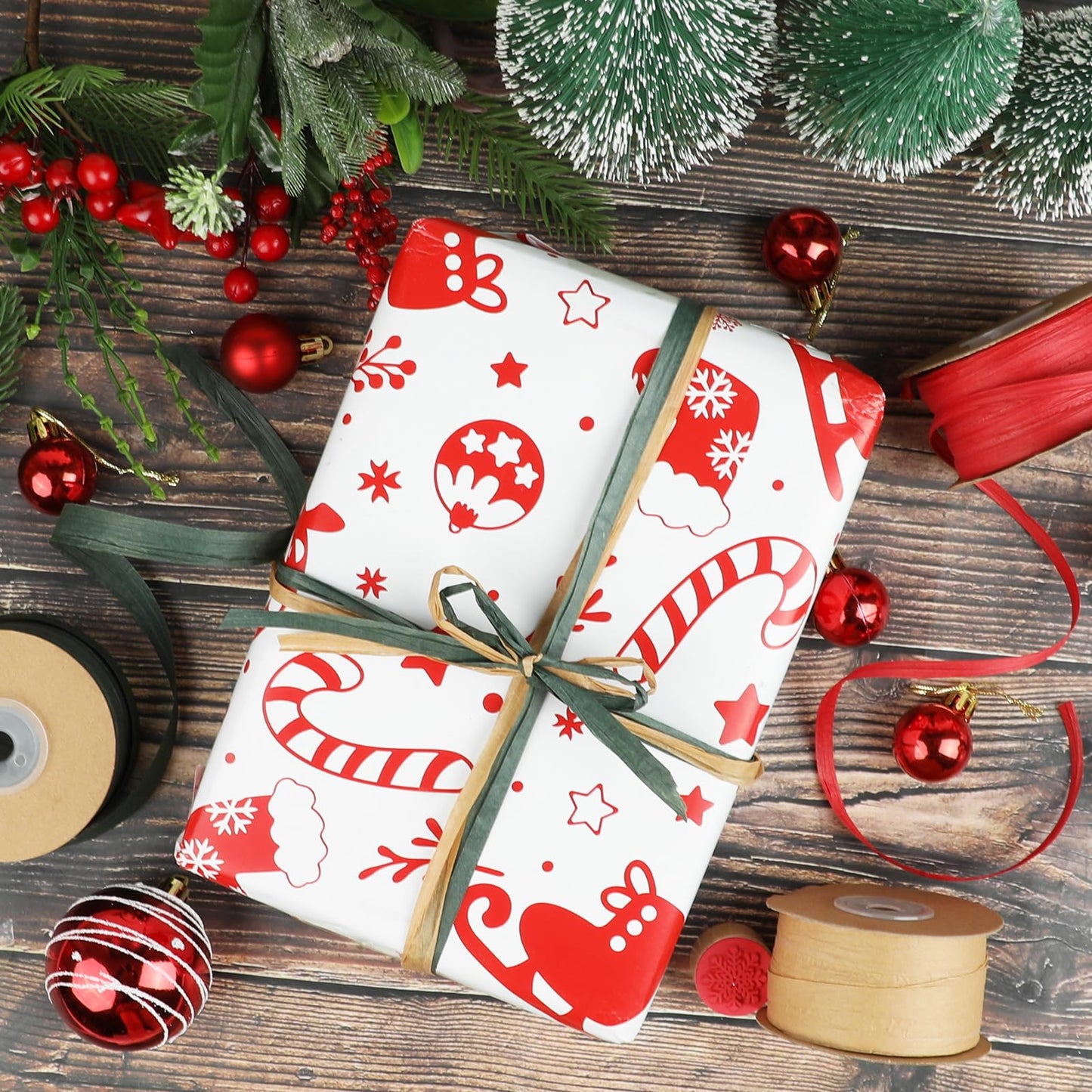 FOIMAS 984ft Raffia Paper Ribbon,Red Green Brown Kraft Ribbon Gift String Packing Paper Twine for Christmas Gift Wrapping DIY Craft Supply
