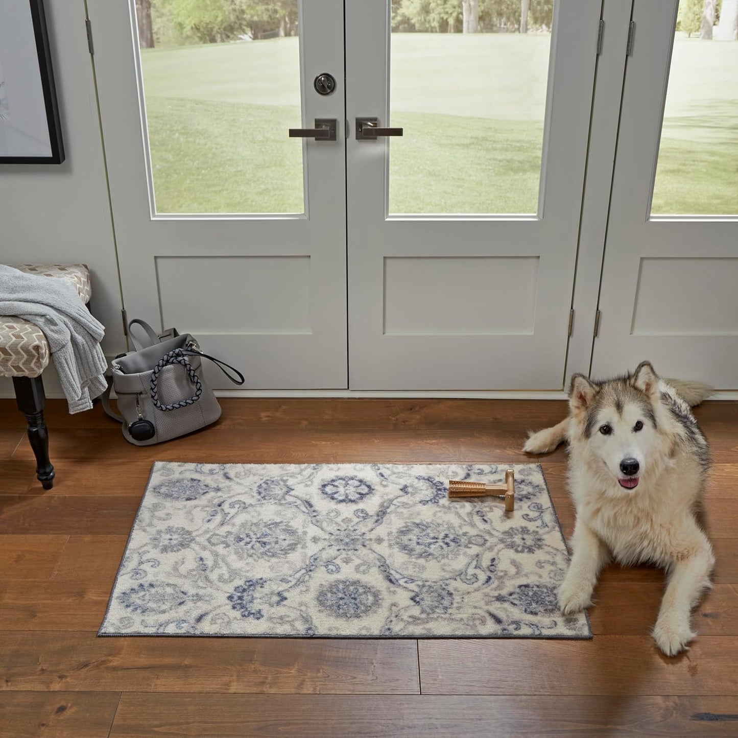 Maples Rugs Blooming Damask Area Rugs, Washable Non Slip Indoor Carpet for Entryway, 1'8 x 2'10, Grey/Blue