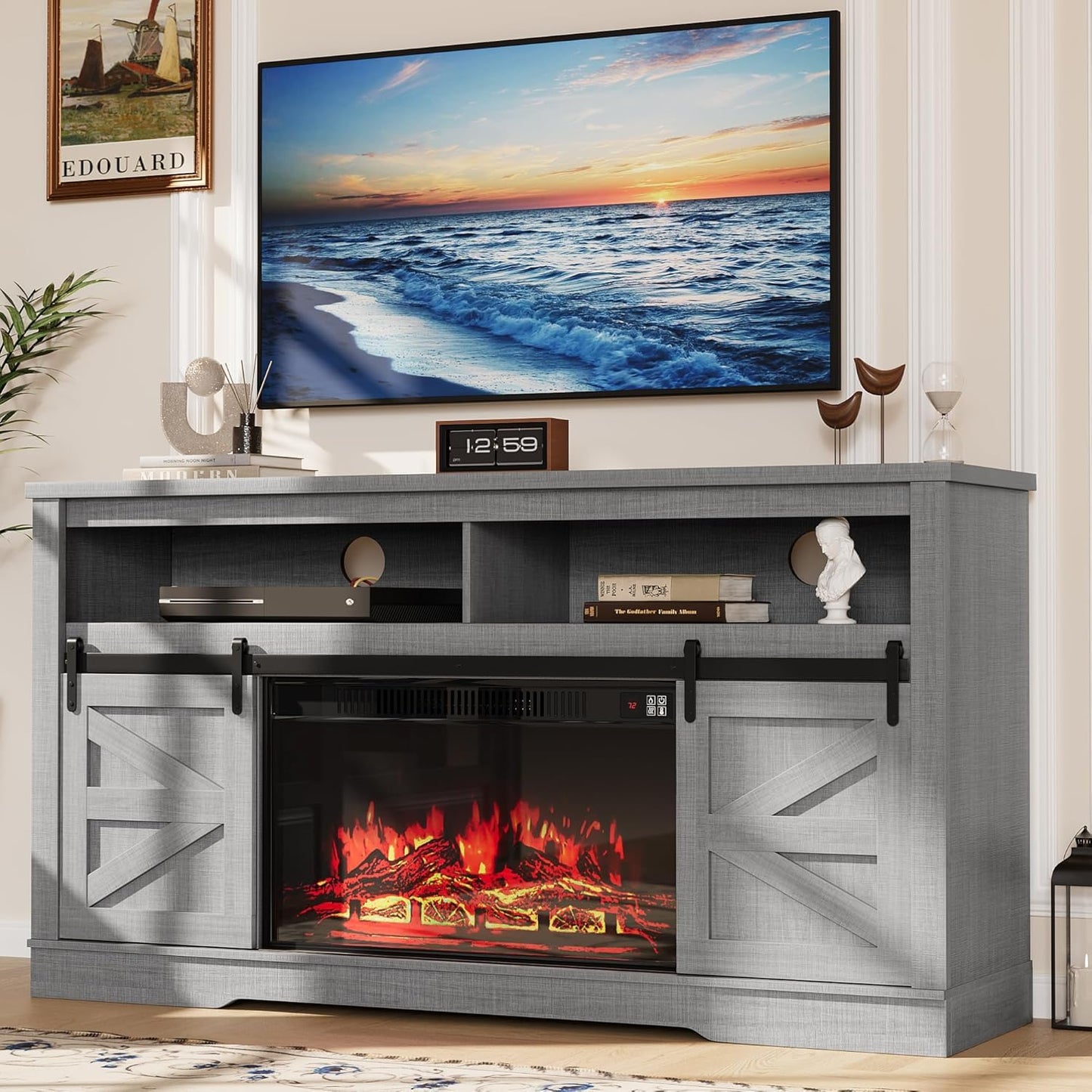 YESHOMY Fireplace TV Stand for Television up to 65+ Inch with Storage and Farmhouse Sliding Barn Doors, Entertainment Center with Cabinet and Shelves, Media Console for Living Room,Gray