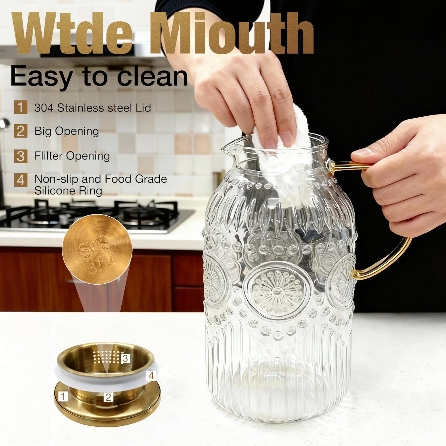Amzcku Glass Pitcher with Lid, 101 oz/ 3 Liter Vintage Water Pitcher,Water Carafe for Cold Brew, Coffee, Lemonade, Iced Tea,Beverage, Heat Resistant Water Glass Jug 1Pack