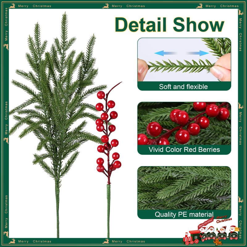 florisso Artificial Faux Christmas Norfolk Pine Stems Branches for Vases,12 Bundles Fake Evergreen Real Touch Greenery Stem with 3 PCS Red Berry Branches for Xmas Holiday Winter Table Indoor Decor