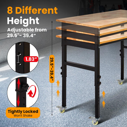 48" Adjustable Workbench, 8-Level Height Adjustable Rolling Work Table with Casters & Scale, Sit & Stand 2-in-1 Garage Tool Table with Pegboard & Hooks, for Workshop, Warehouse, DIY Projects